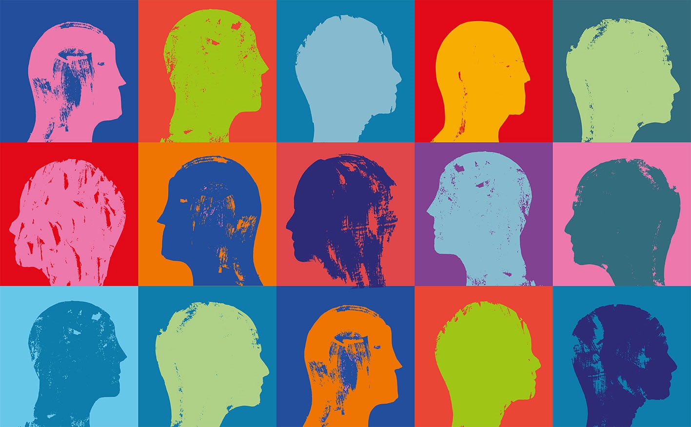 Colourful picture of squares with different coloured heads in