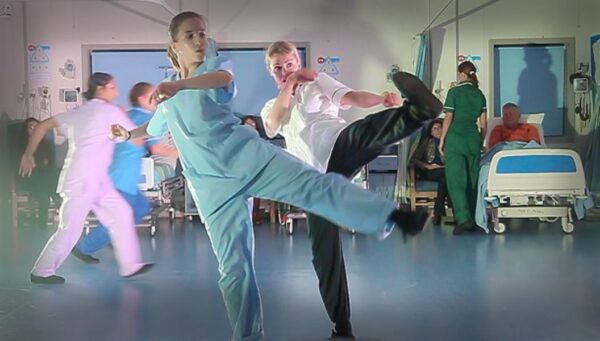 Performance of Careful in the Darwin Ward, Kingston University (2016). The performers are (left to right) Archana Balal, Helena Rice, Viviana Rocha, Dominique Vannod and Thalia-Marie Papadopoulos. Still from recording by Anna Tanczos (www.SciCommStudios.co.uk)