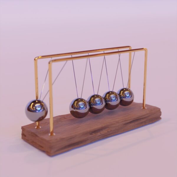 A newton's cradle, with one pendulum about to swing down to hit the others - impact