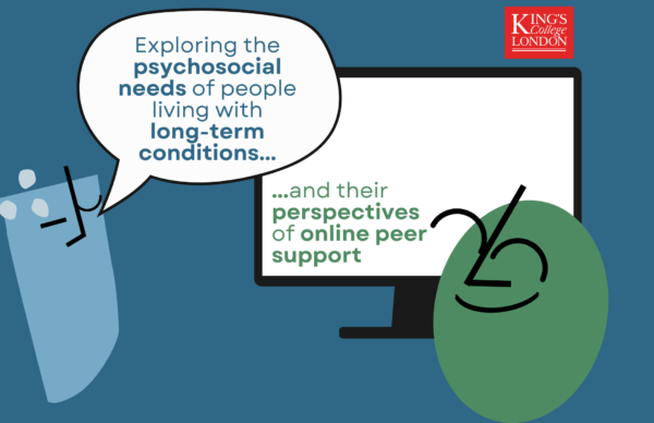 Abstract cartoon characters with a speech bubble and a computer screen reading "Exploring the psychosocial needs of people living with long-term conditions and their perspectives on online peer support"