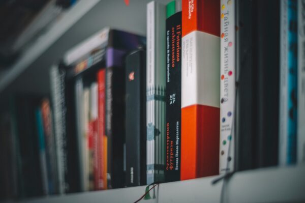 A row of textbooks on a shelf