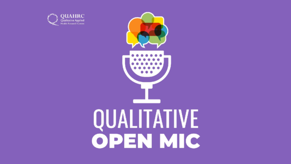 Qualitative open mic logo: an icon of a microphone with speech bubbles coming out of it