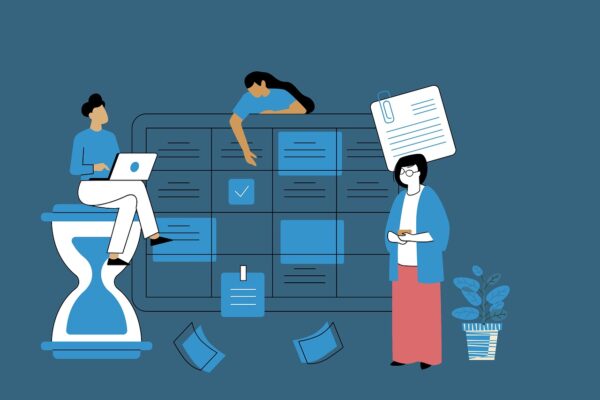 Cartoon image with three figures, a calendar, a timer, a to-do list, and a plant