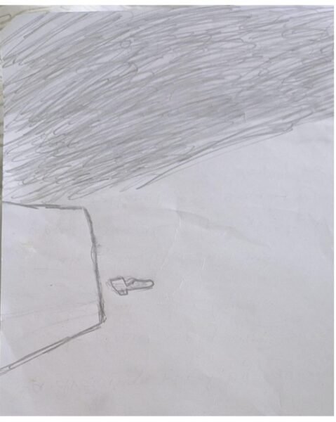 child's drawing of a shoe under a cloudy sky